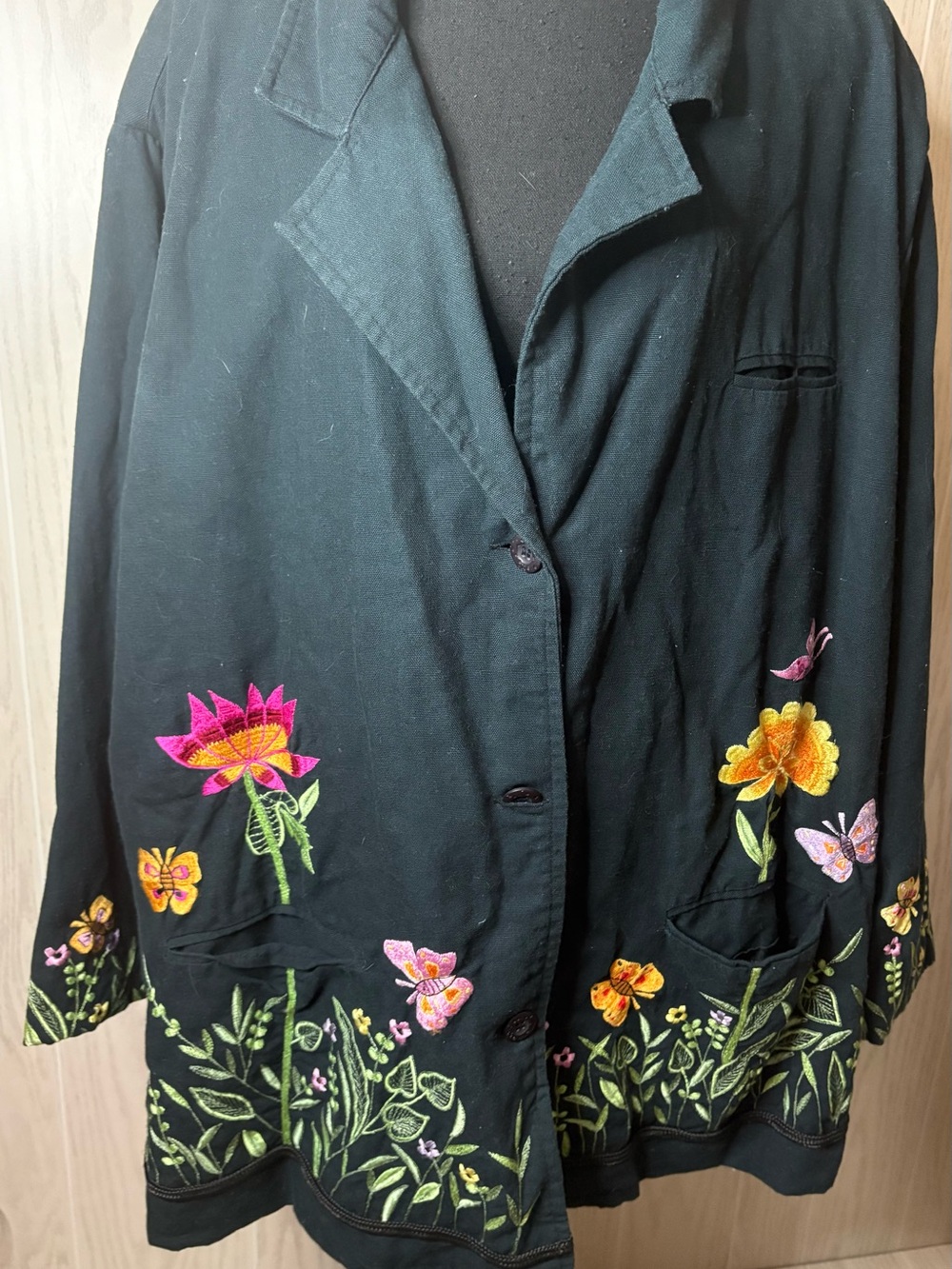 Vintage 3X Black Cotton Embroidered Floral Button-Up Jacket Butterflies Flowers
